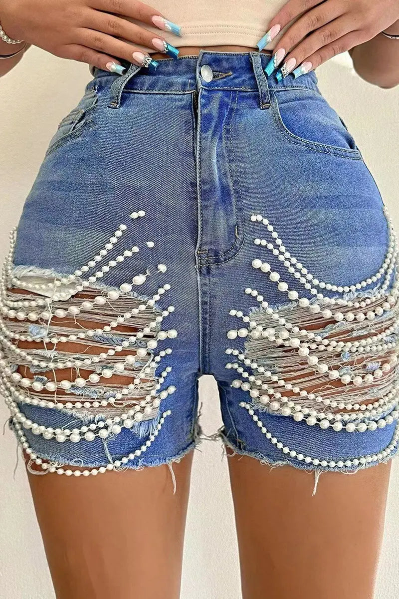 Hoochie Couture Pearl-Patch Denim Shorts – Mid-Waist Ripped Skinny Fit My Store