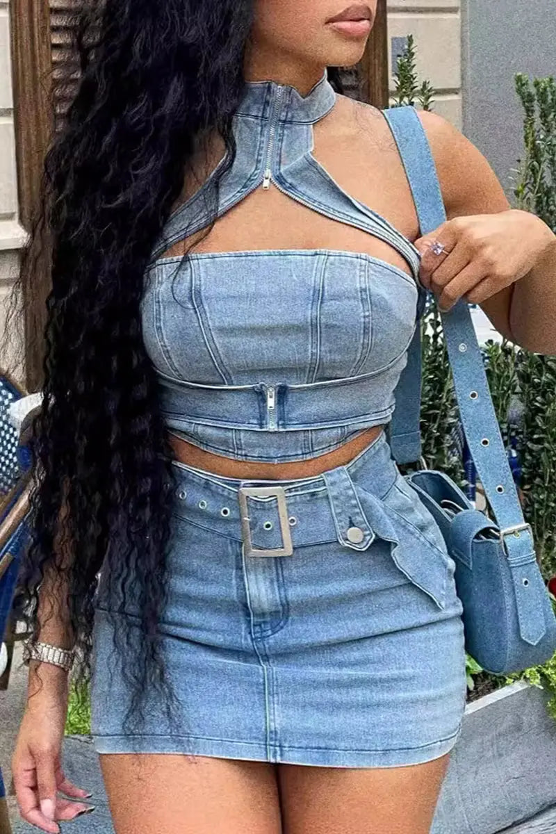 Hoochie Couture Hollowed Out Denim Set – Sleeveless O-Neck Crop Top & Shorts Hoochie Couture Boutique