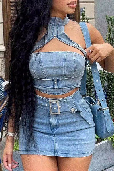 Hoochie Couture Hollowed Out Denim Set – Sleeveless O-Neck Crop Top & Shorts Hoochie Couture Boutique