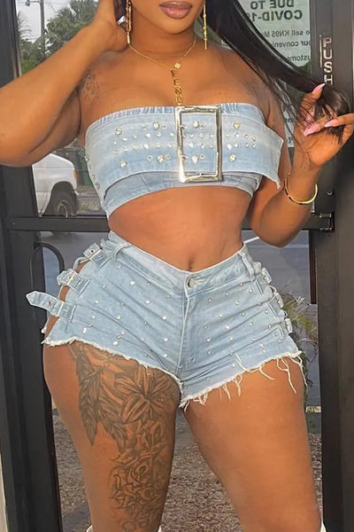 Hoochie Couture Strapless Hollow-Out 2-Piece Set – Sleek Zip-Front Crop Top & Matching Button-Up Skirt Hoochie Couture Boutique