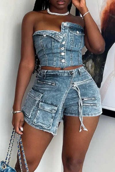 Hoochie Couture Strapless Denim Tube Set – Patchwork Crop Top & Shorts Streetwear Hoochie Couture Boutique