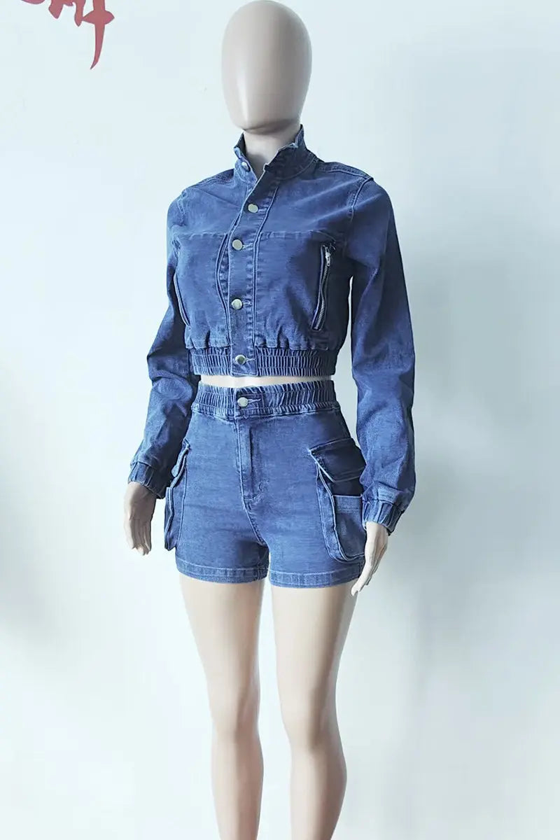Hoochie Couture Vintage Denim 2-Piece Set – Patchwork Cropped Jacket & Cargo Shorts Hoochie Couture Boutique
