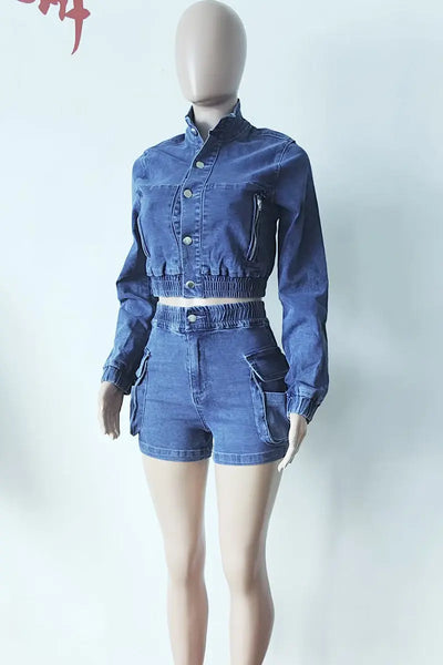 Hoochie Couture Vintage Denim 2-Piece Set – Patchwork Cropped Jacket & Cargo Shorts Hoochie Couture Boutique