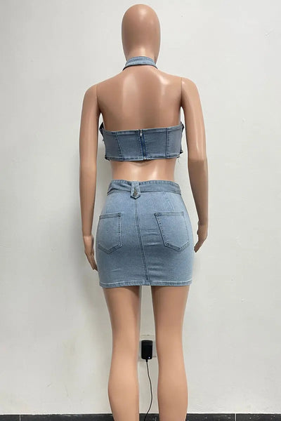 Hoochie Couture Hollowed Out Denim Set – Sleeveless O-Neck Crop Top & Shorts Hoochie Couture Boutique