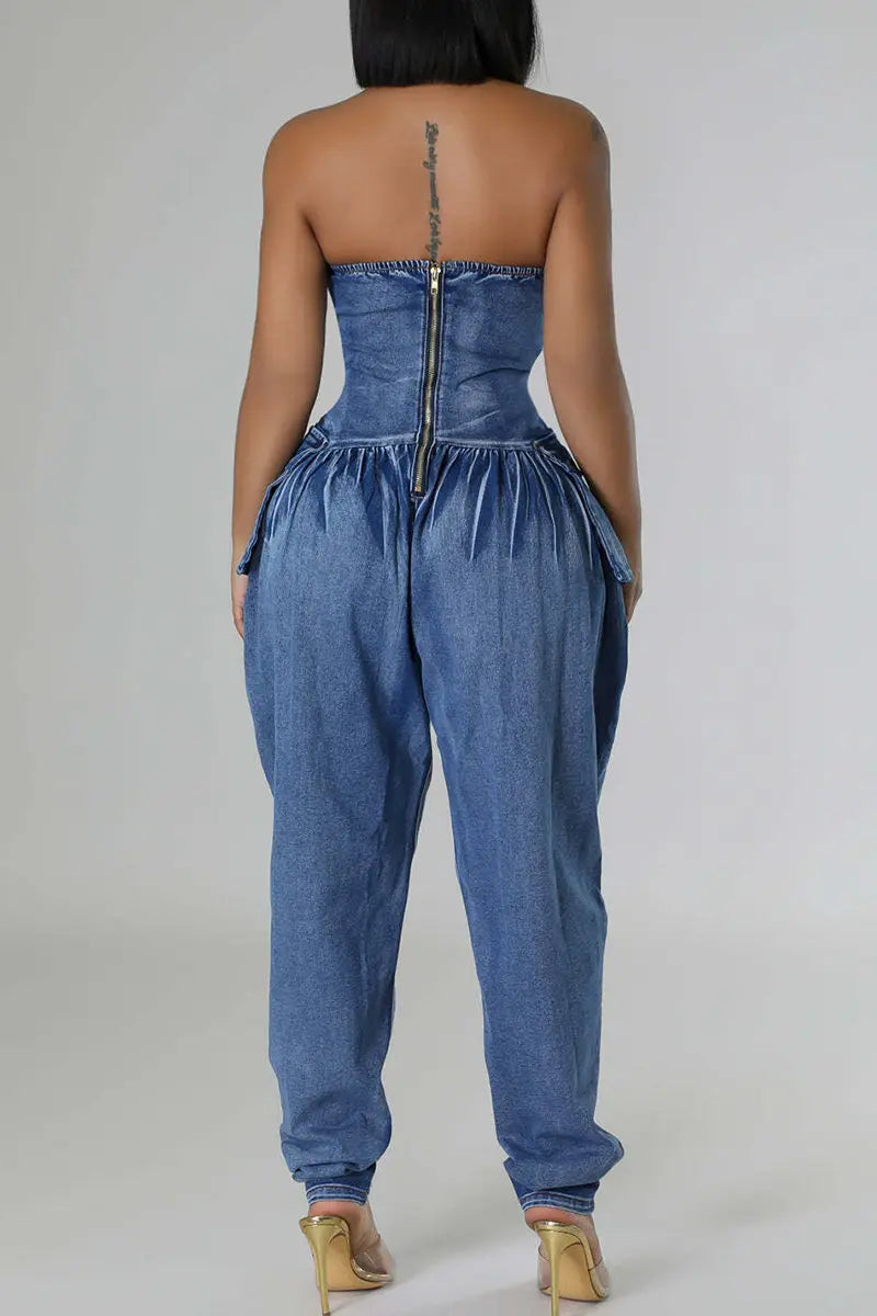 Hoochie Couture Deep Blue Denim Tube Jumpsuit – Backless, Strapless Hoochie Couture Boutique