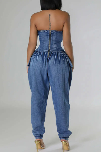 Hoochie Couture Deep Blue Denim Tube Jumpsuit – Backless, Strapless Hoochie Couture Boutique