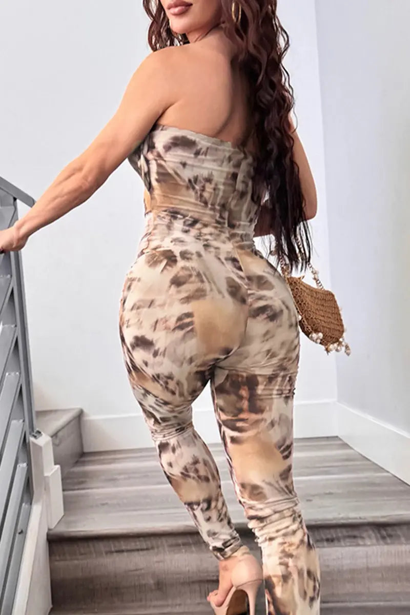 Hoochie Couture Halter Skinny Jumpsuit – Light Brown Print Patchwork Hoochie Couture Boutique