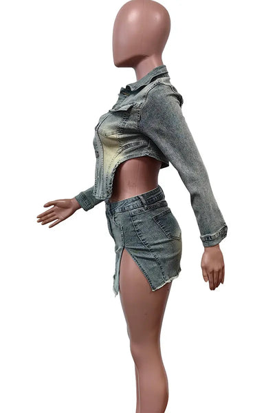 Hoochie Couture Sky Blue Buckle Babe Set – Long Sleeve Denim Crop & Pocket Shorts Hoochie Couture Boutique
