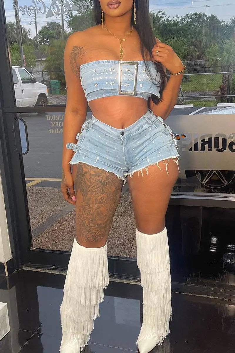 Hoochie Couture Strapless Hollow-Out 2-Piece Set – Sleek Zip-Front Crop Top & Matching Button-Up Skirt Hoochie Couture Boutique