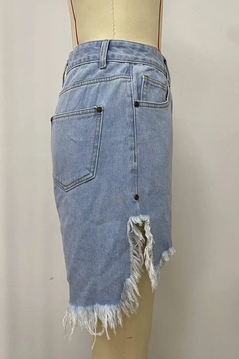 Hoochie Couture Irregular Fringed Denim Shorts – Mid-Waist, Loose Fit, Street Chic Hoochie Couture Boutique