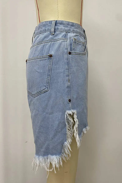 Hoochie Couture Irregular Fringed Denim Shorts – Mid-Waist, Loose Fit, Street Chic Hoochie Couture Boutique