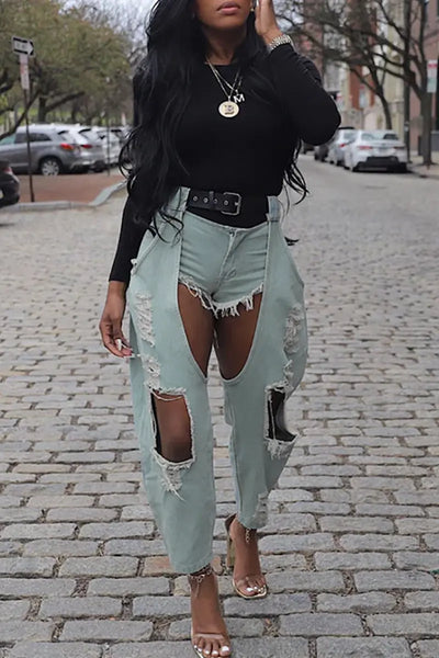 Hoochie Couture Ripped Mid-Waist Loose Jeans – Blue Denim Chaps Hoochie Couture Boutique