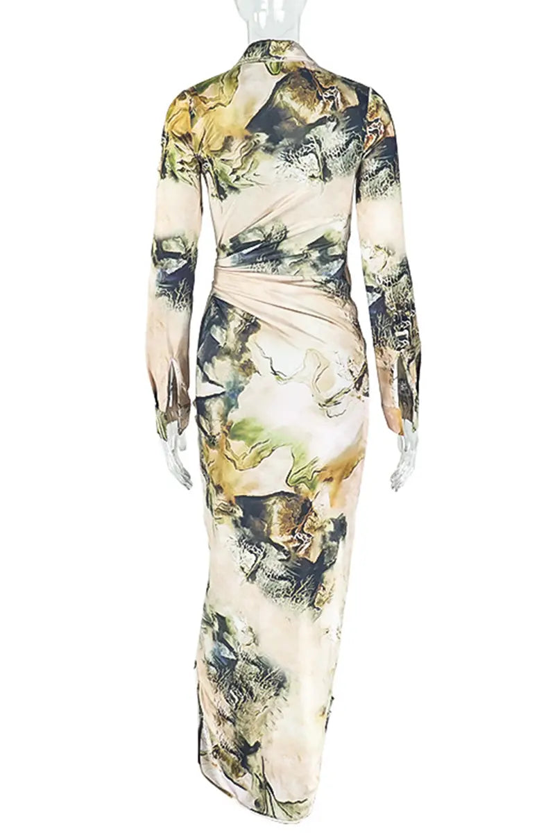 Hoochie Couture Print Buckle Shirt Dress – Black & Apricot Turndown Collar Maxi Elegance Hoochie Couture Boutique