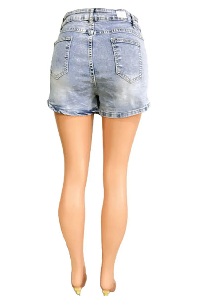 Hoochie Couture Street Patch Denim Shorts – Mid-Waist Classic Cut Hoochie Couture Boutique