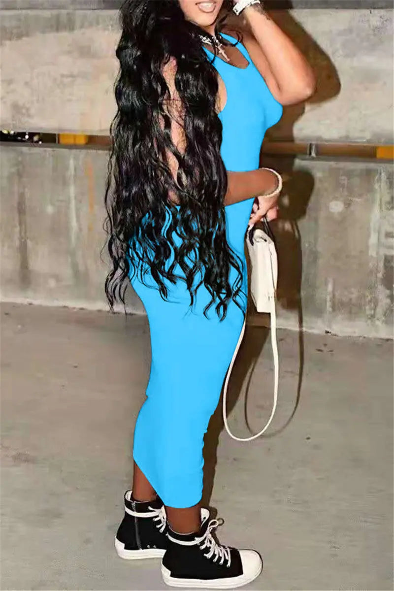 Hoochie Couture Sky Blue Casual O-Neck Vest Dress – Sleek & Simple Slay Hoochie Couture Boutique