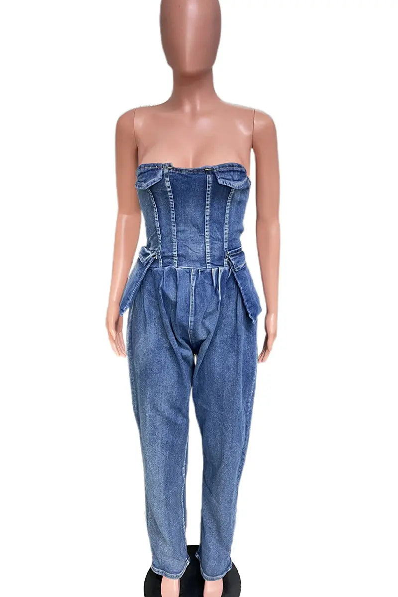 Hoochie Couture Deep Blue Denim Tube Jumpsuit – Backless, Strapless Hoochie Couture Boutique