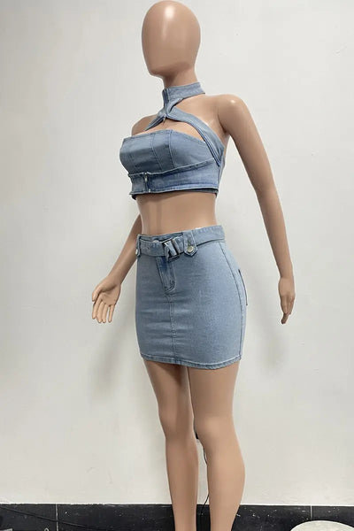 Hoochie Couture Hollowed Out Denim Set – Sleeveless O-Neck Crop Top & Shorts Hoochie Couture Boutique