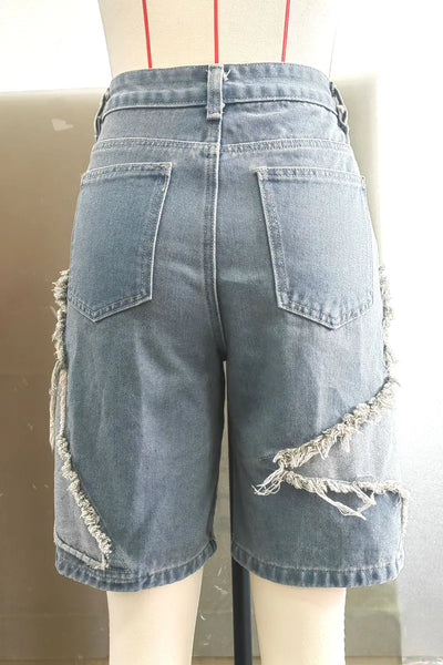 Hoochie Couture Patchwork Denim Shorts – Light Blue Mid-Waist Straight Cut Hoochie Couture Boutique