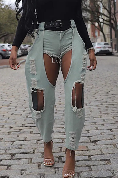 Hoochie Couture Ripped Mid-Waist Loose Jeans – Blue Denim Chaps Hoochie Couture Boutique