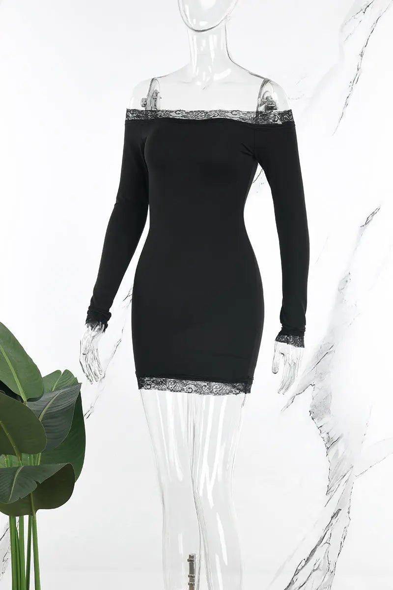 Hoochie Couture Off-Shoulder Lace Patchwork Bodycon Dress – Wrapped in Sultry Elegance Hoochie Couture Boutique