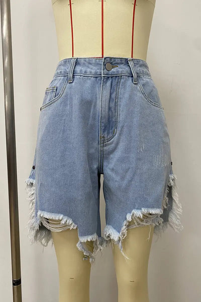 Hoochie Couture Irregular Fringed Denim Shorts – Mid-Waist, Loose Fit, Street Chic Hoochie Couture Boutique