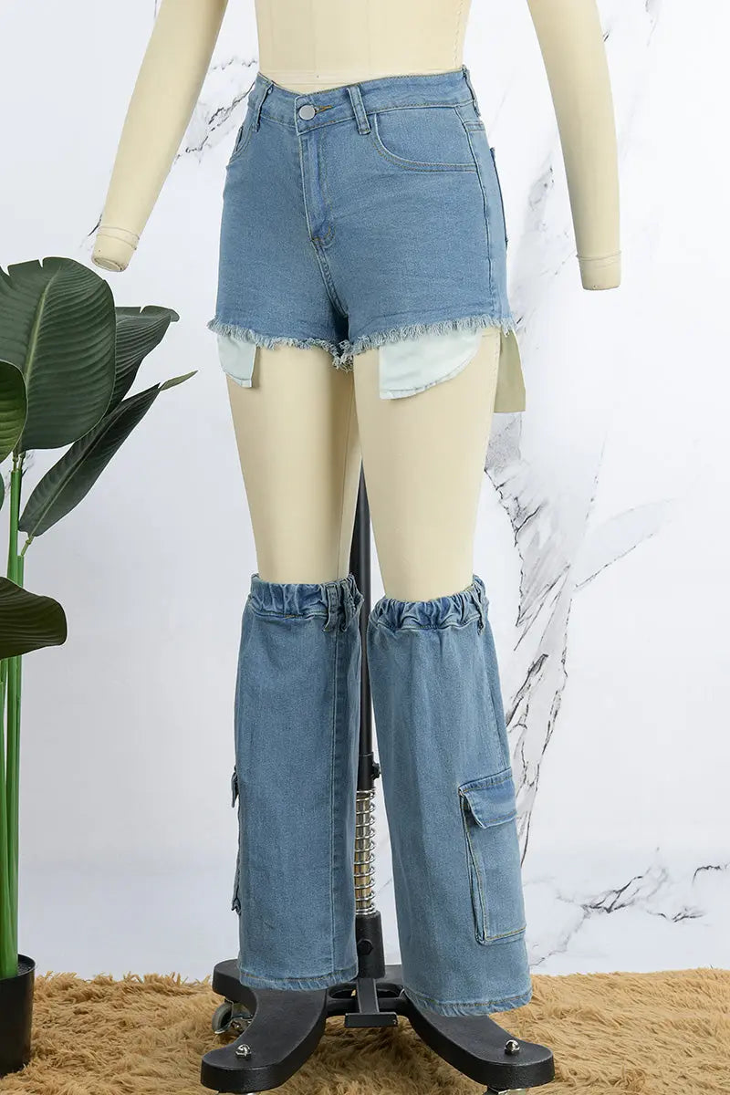 Hoochie Couture Light Blue Raw Hem Denim Shorts – Pocketed & Patchwork Perfection Hoochie Couture Boutique