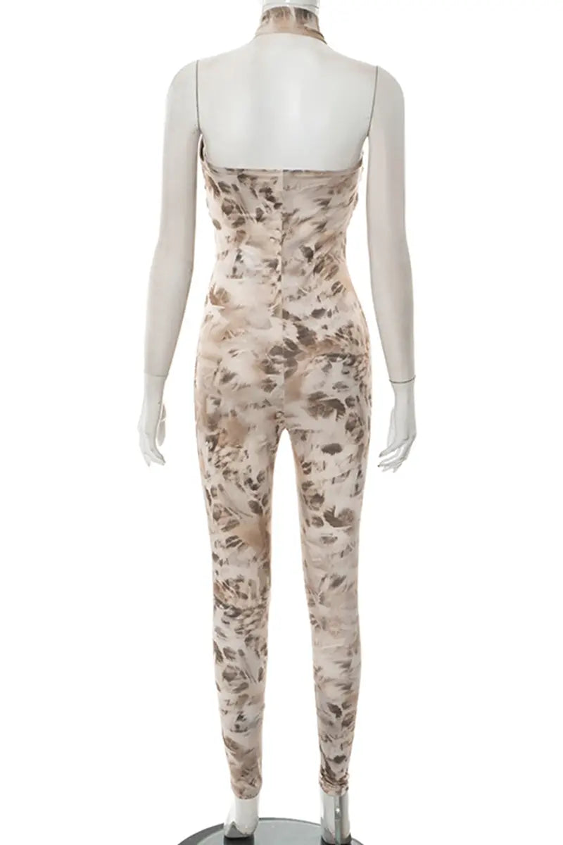 Hoochie Couture Halter Skinny Jumpsuit – Light Brown Print Patchwork Hoochie Couture Boutique