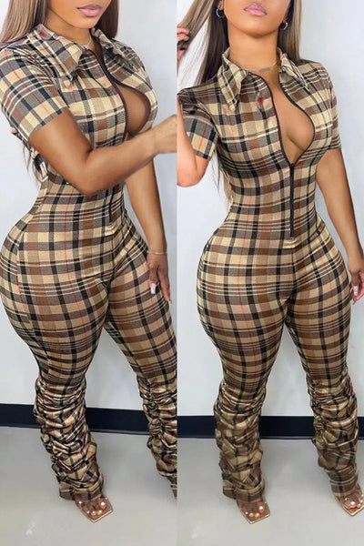 Hoochie Couture Plaid Zipper Collar Jumpsuit – Khaki Print Long Sleeve One-Piece Hoochie Couture Boutique