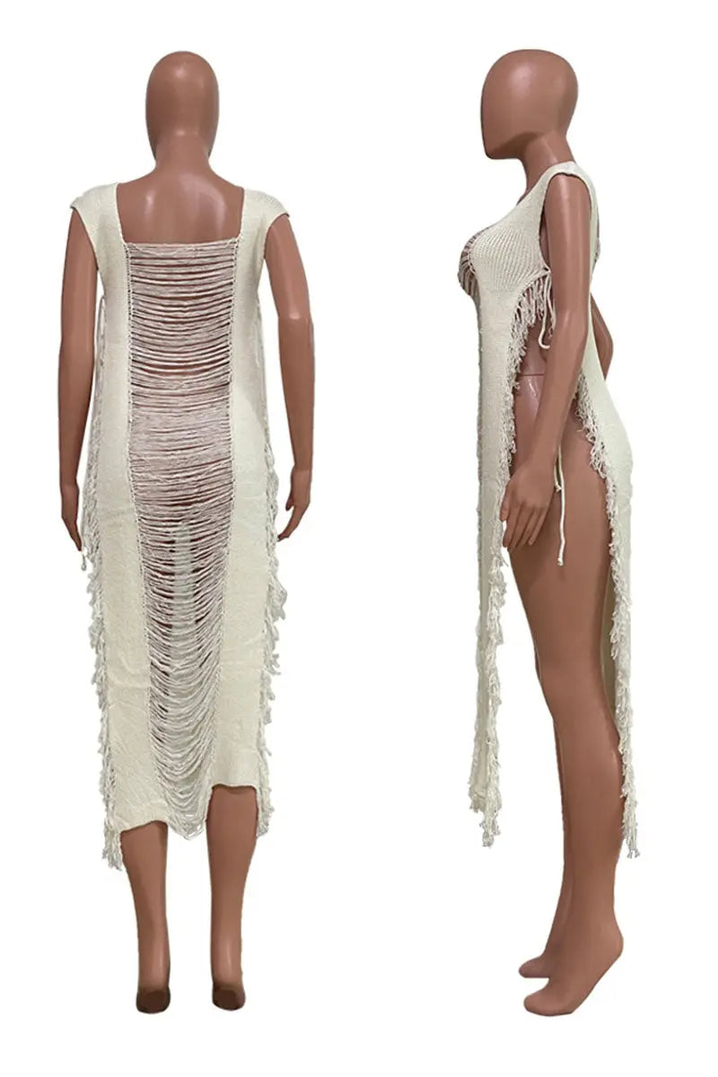 Hoochie Couture White Tassel Asymmetrical Swimwear Cover-Up – Hollowed-Out Hoochie Couture Boutique