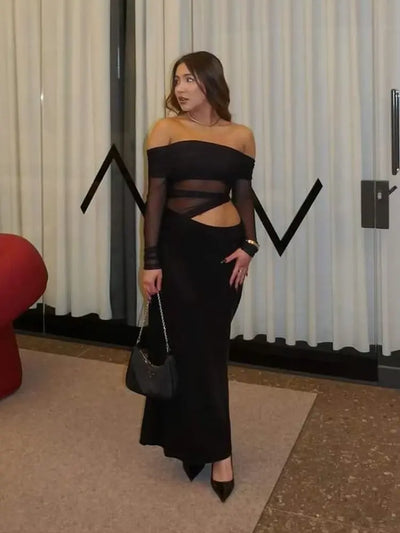 Hoochie Couture Mesh Ruched Maxi Dress – elegant and sexy women’s dress featuring sheer mesh fabric, flattering ruched detailing, and a curve-hugging maxi silhouette, perfect for evening parties, date nights, or upscale clubwear fashion.