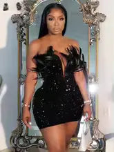 Hoochie Couture Feather & Sequin Strapless Mini Dress – Luxe, Sexy & Made for the Spotlight Hoochie Couture Boutique