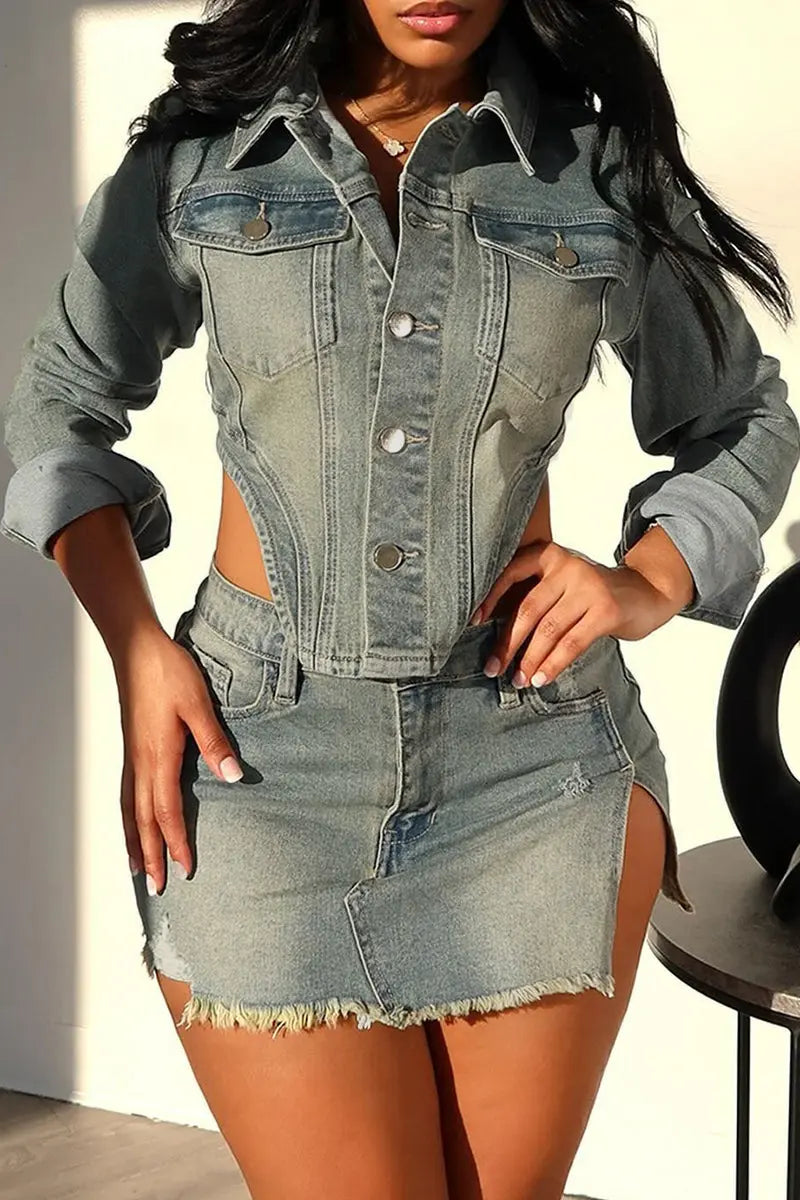 Hoochie Couture Sky Blue Buckle Babe Set – Long Sleeve Denim Crop & Pocket Shorts Hoochie Couture Boutique