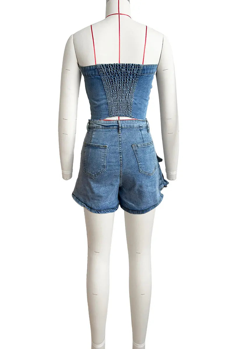 Hoochie Couture Strapless Denim Tube Set – Patchwork Crop Top & Shorts Streetwear Hoochie Couture Boutique