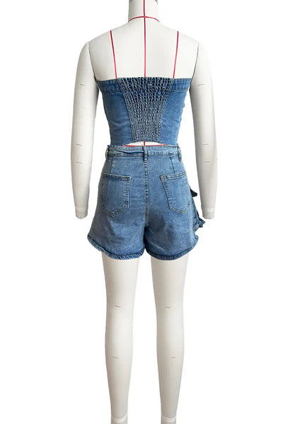 Hoochie Couture Strapless Denim Tube Set – Patchwork Crop Top & Shorts Streetwear Hoochie Couture Boutique