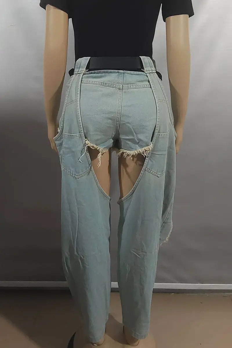 Hoochie Couture Ripped Mid-Waist Loose Jeans – Blue Denim Chaps Hoochie Couture Boutique