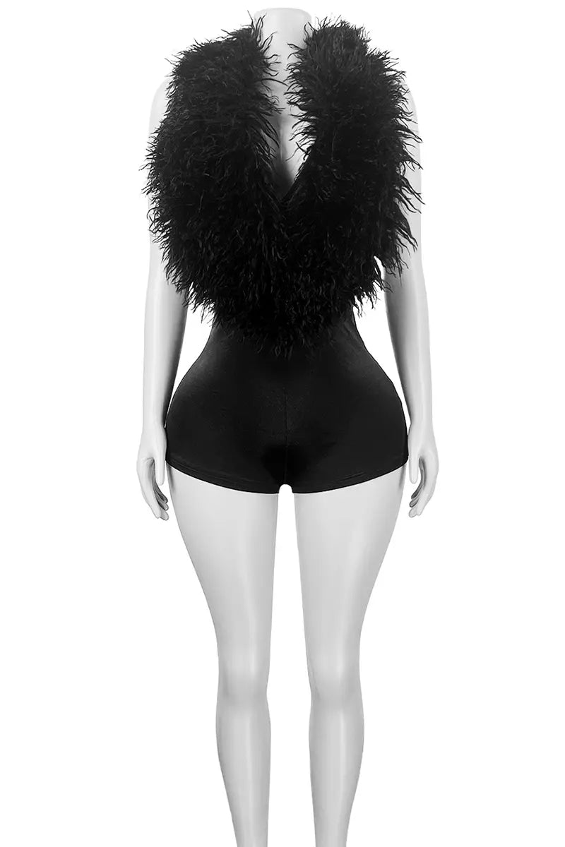 Hoochie Couture Feather Fantasy Romper – Deep V Drama Meets Brunch Baddie Energy Hoochie Couture Boutique