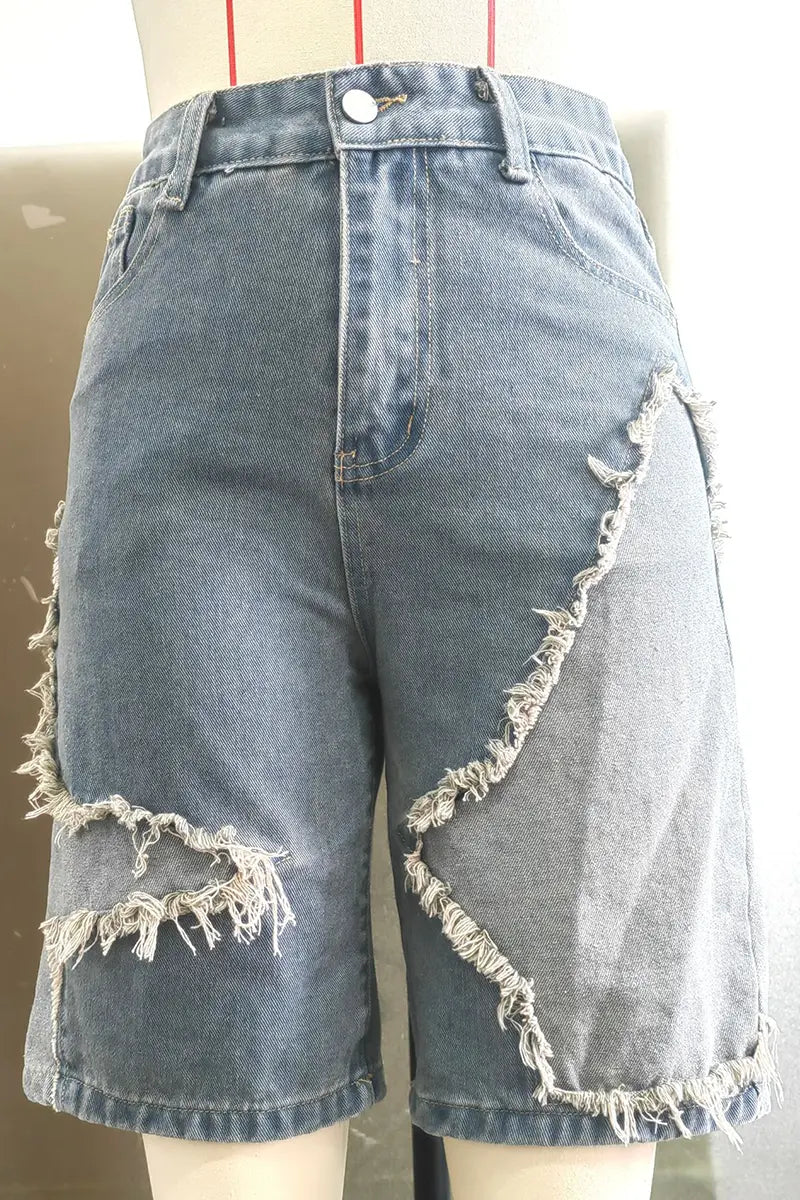 Hoochie Couture Patchwork Denim Shorts – Light Blue Mid-Waist Straight Cut Hoochie Couture Boutique
