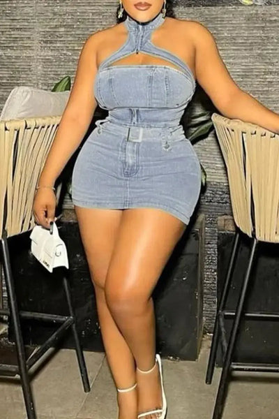 Hoochie Couture Hollowed Out Denim Set – Sleeveless O-Neck Crop Top & Shorts Hoochie Couture Boutique