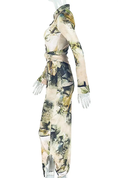 Hoochie Couture Print Buckle Shirt Dress – Black & Apricot Turndown Collar Maxi Elegance Hoochie Couture Boutique