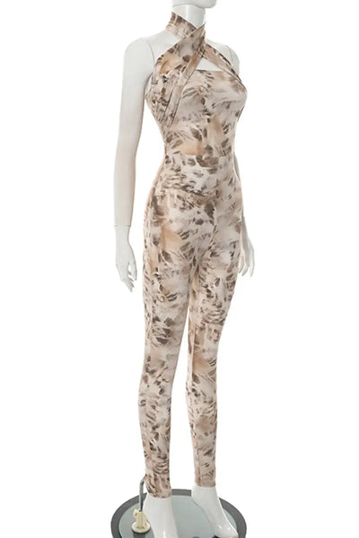 Hoochie Couture Halter Skinny Jumpsuit – Light Brown Print Patchwork Hoochie Couture Boutique
