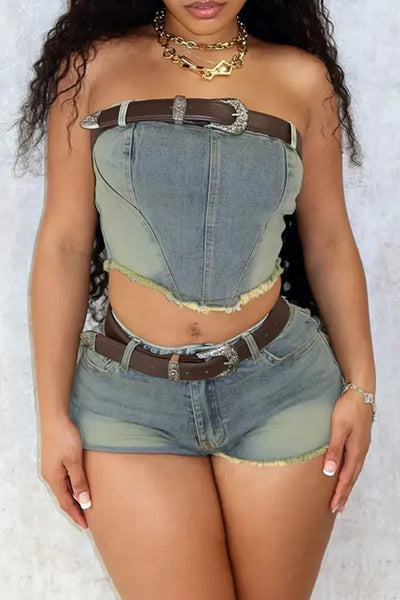 Hoochie Couture Light Blue Vintage Wash Two-Piece Set Hoochie Couture Boutique