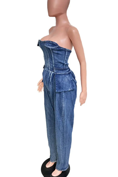 Hoochie Couture Deep Blue Denim Tube Jumpsuit – Backless, Strapless Hoochie Couture Boutique