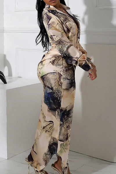 Hoochie Couture Print Buckle Shirt Dress – Black & Apricot Turndown Collar Maxi Elegance Hoochie Couture Boutique