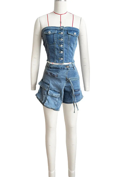 Hoochie Couture Strapless Denim Tube Set – Patchwork Crop Top & Shorts Streetwear Hoochie Couture Boutique