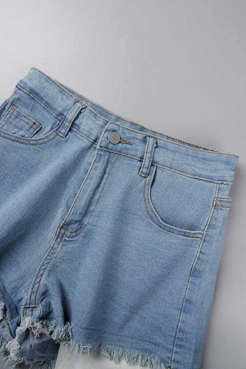 Hoochie Couture Light Blue Raw Hem Denim Shorts – Pocketed & Patchwork Perfection Hoochie Couture Boutique