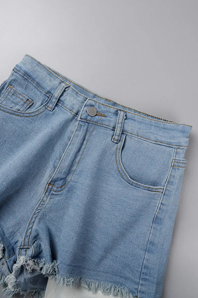 Hoochie Couture Light Blue Raw Hem Denim Shorts – Pocketed & Patchwork Perfection Hoochie Couture Boutique