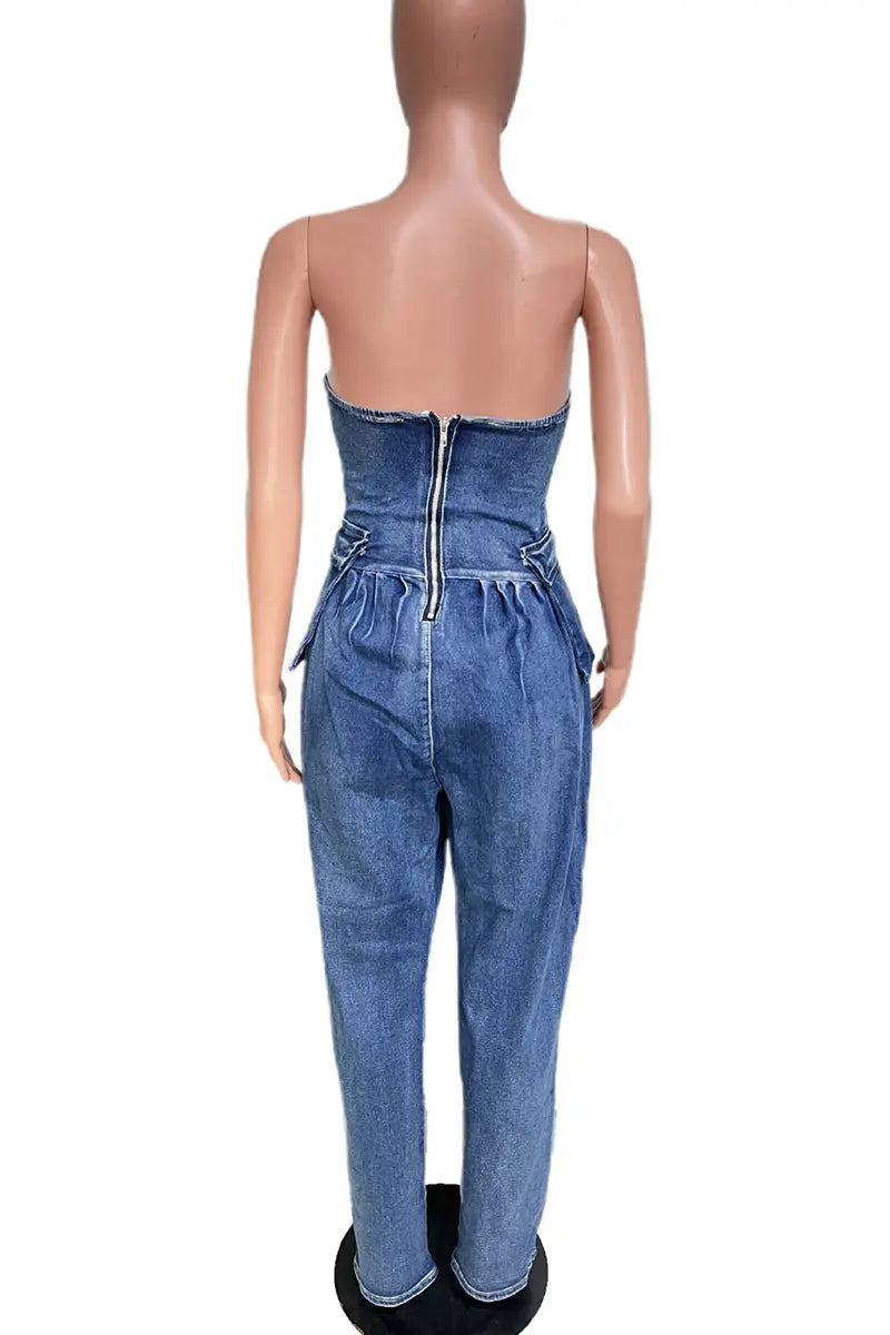 Hoochie Couture Deep Blue Denim Tube Jumpsuit – Backless, Strapless Hoochie Couture Boutique