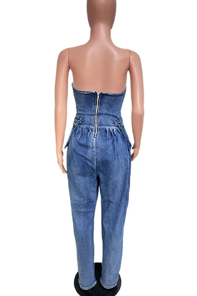 Hoochie Couture Deep Blue Denim Tube Jumpsuit – Backless, Strapless Hoochie Couture Boutique