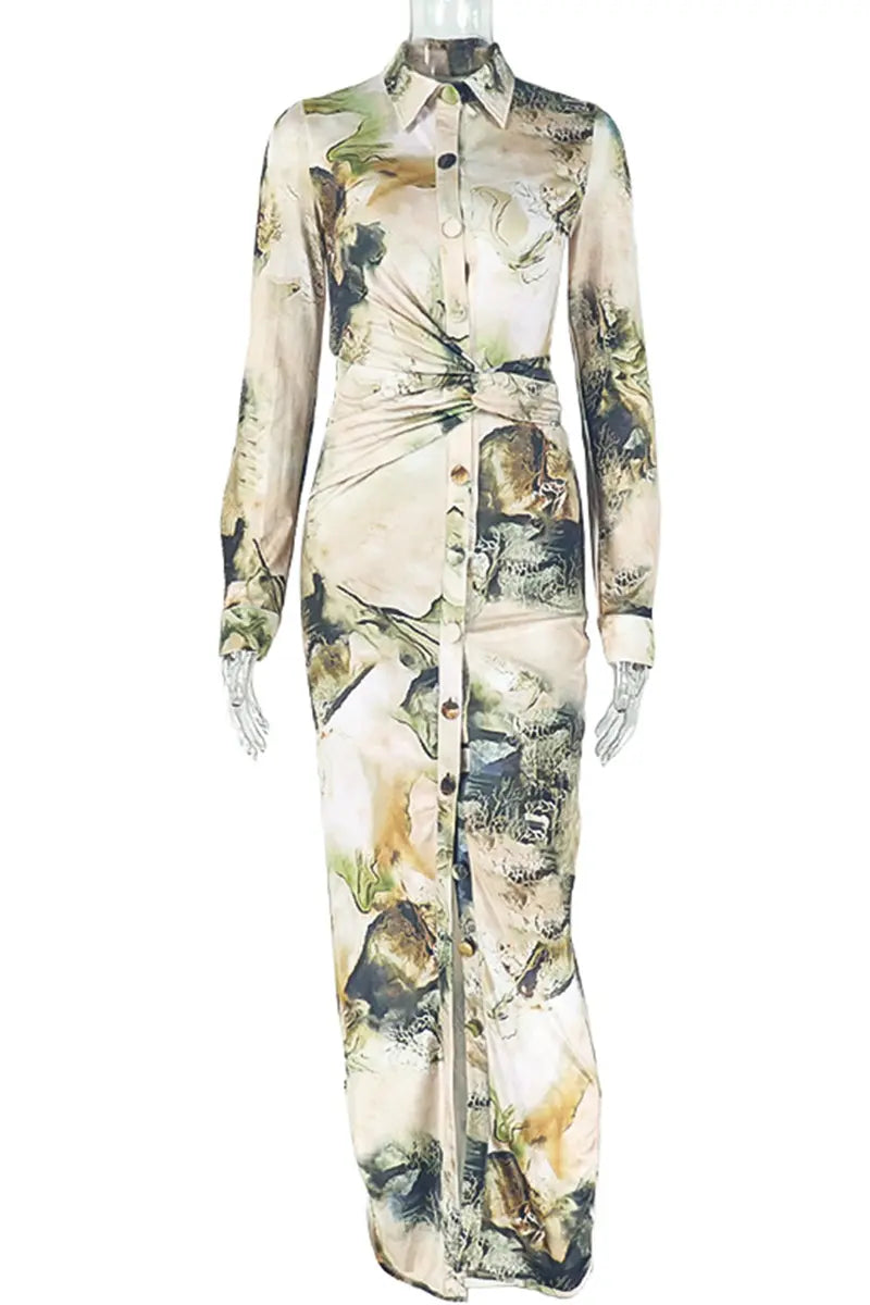 Hoochie Couture Print Buckle Shirt Dress – Black & Apricot Turndown Collar Maxi Elegance Hoochie Couture Boutique
