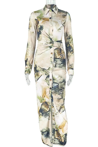 Hoochie Couture Print Buckle Shirt Dress – Black & Apricot Turndown Collar Maxi Elegance Hoochie Couture Boutique